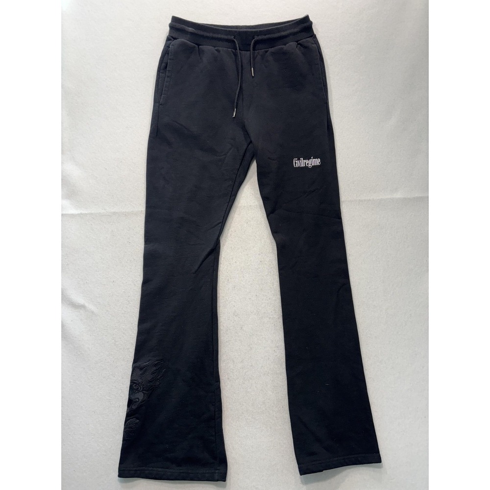 Civil Regime Mens Large Black Fleece Flare Leg Sweatpants Embroidered Dragon